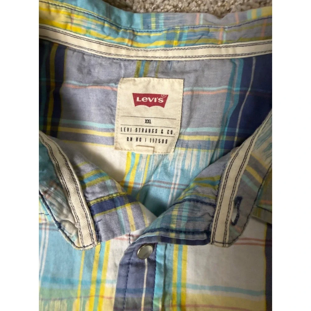 Levis Mens XXL Short Sleeve Western Pearl Snap Plaid Shirt Blue Yellow